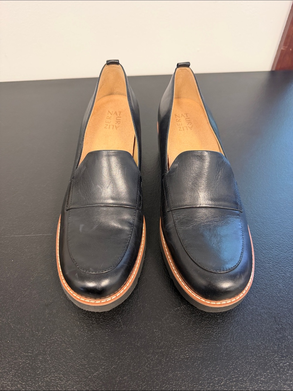 Naturalizer Black Leather Penny Loafers with Tan Welt